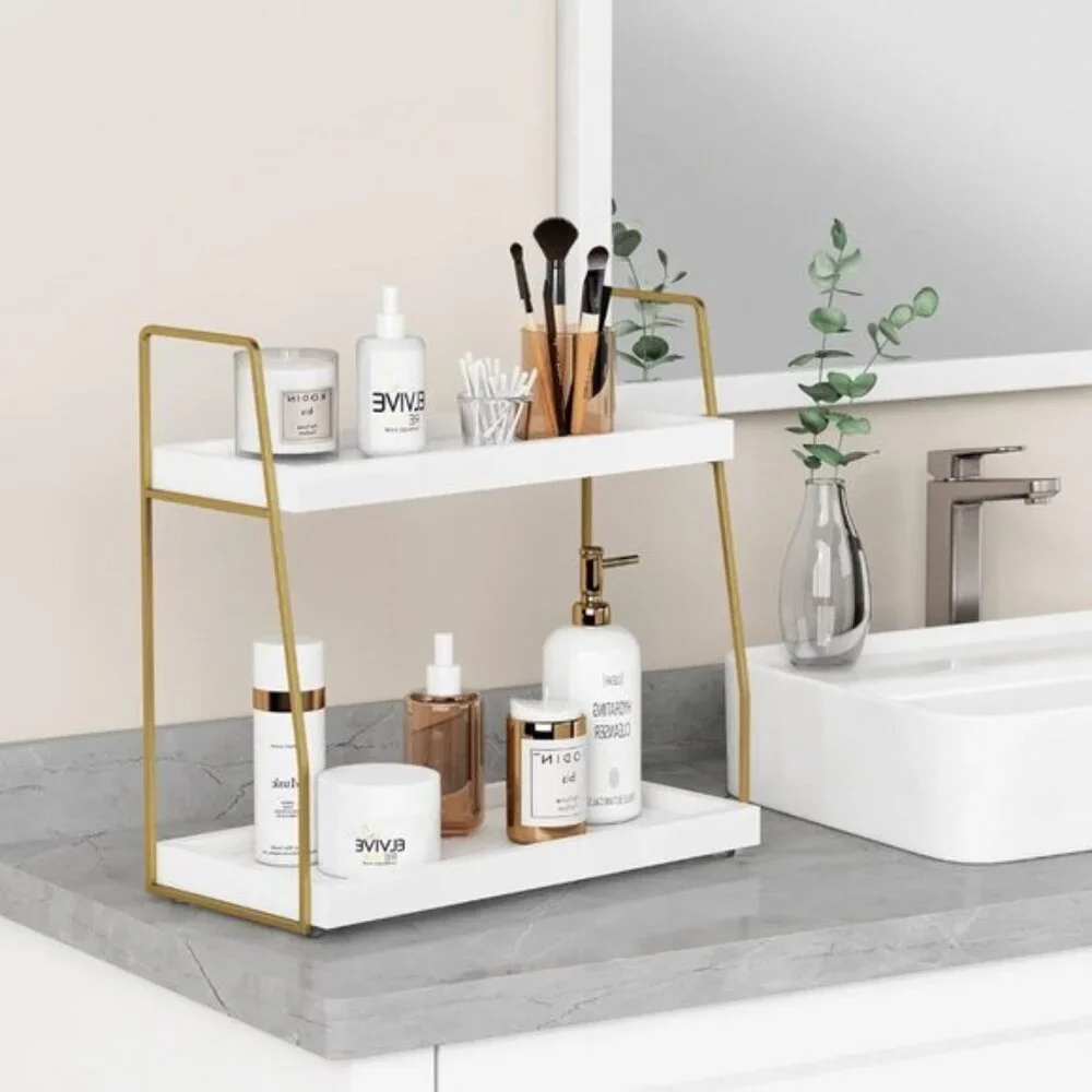 2-Tier Bathroom Organizer, White & Gold Wooden Sink Shelf for Vanity & Storage